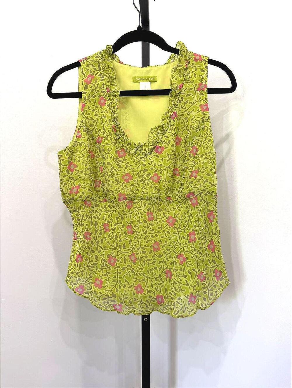 Sigrid Olsen 8 Lime Green Sleeveless Floral Patterned Top